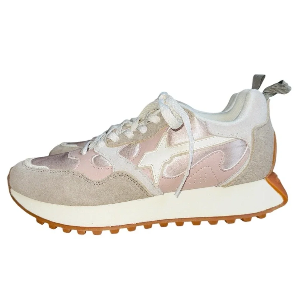 W6YZ Just Say Wizz Pink Satin Beige Suede Women's Lace Up Sneakers Size 7 NWOB